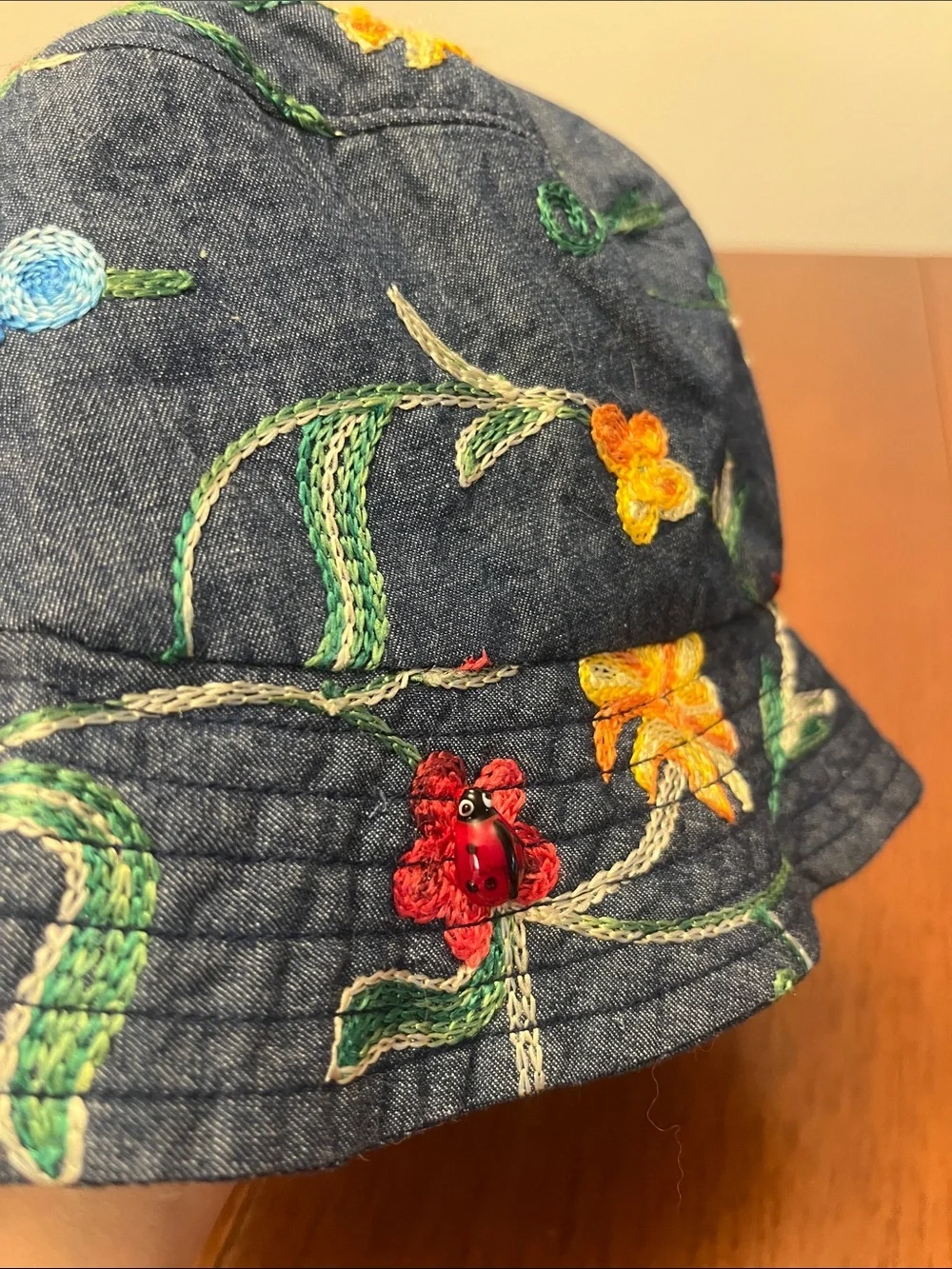Embroidered Floral Denim Bucket Hat - Navy reversible kids